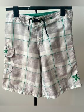 Hurley Youth Gray Plaid Quick-Dry Swim Shorts